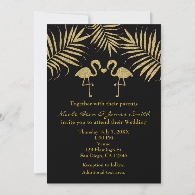 Two Flamingos Love Black & Gold Invitations (Front)
