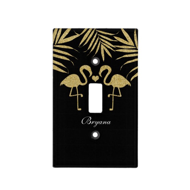 Two Flamingos Love Black & Gold Light Switch Cover (Front)