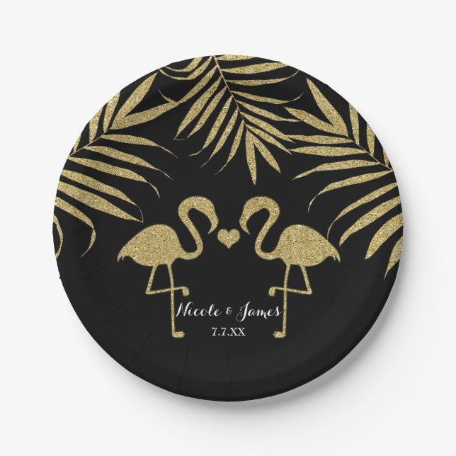 Two Flamingos Love Black & Gold Wedding Party Paper Plates (Front)