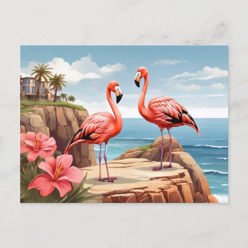 Two flamingos on a cliff postcard