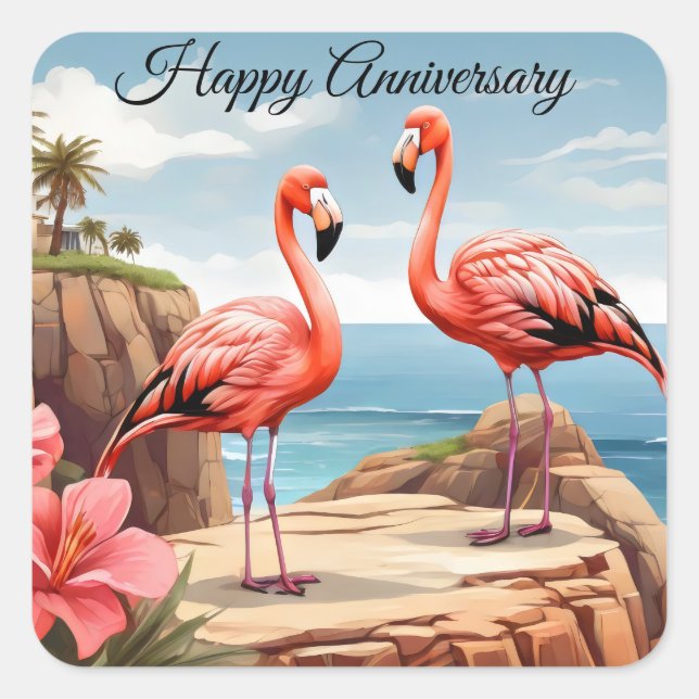 Two flamingos on a cliff square sticker (Front)