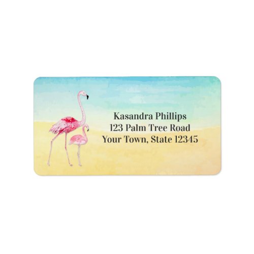 Two Flamingos on Beach Label