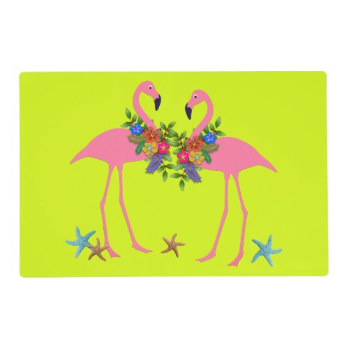 Two Flamingos Sea Stars Chartreuse Purple  Placemat
