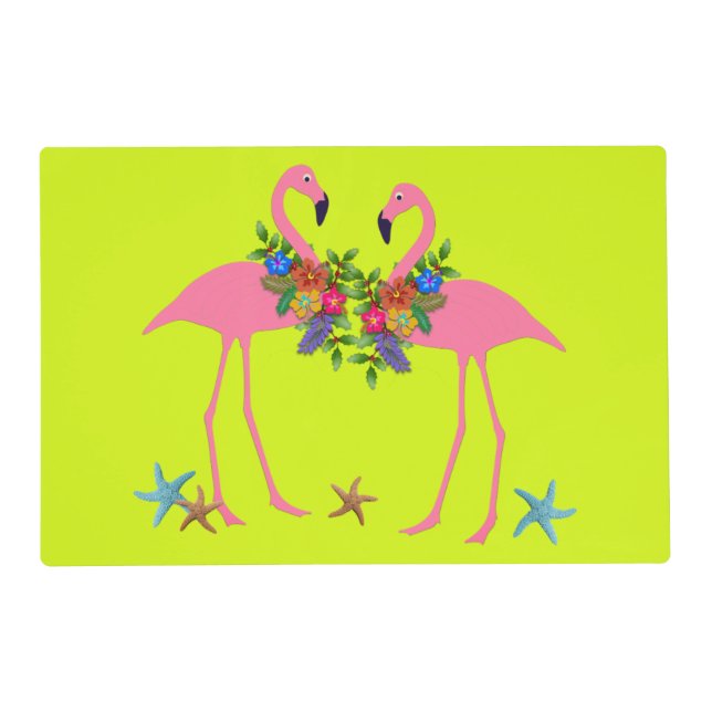 Two Flamingos Sea Stars Chartreuse Purple  Placemat (Front)