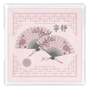 Two floral Asian pink fans "Serenity" digital art Acrylic Tray