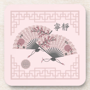 Two floral Asian pink fans "Serenity" digital art Beverage Coaster