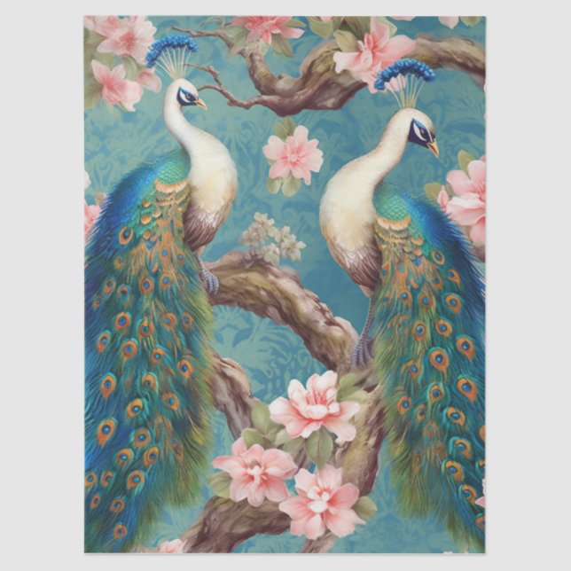 Two Floral Peacocks Decoupage Tissue Paper (Front)
