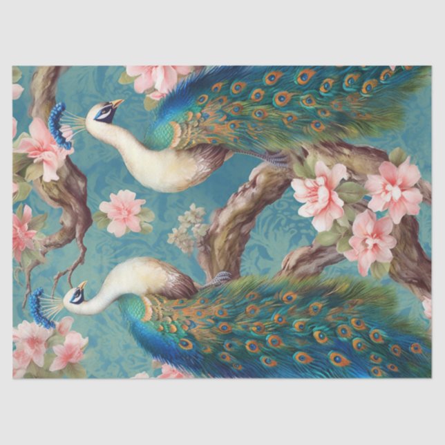 Two Floral Peacocks Decoupage Tissue Paper (Front)