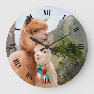 Two fluffy alpacas on the background of the lake large clock