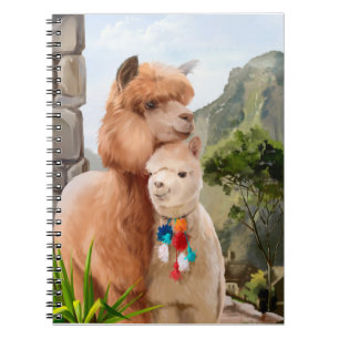 Two fluffy alpacas on the background of the lake	 notebook
