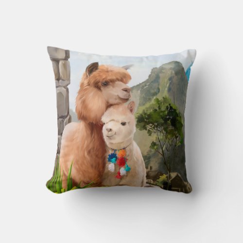 Two fluffy alpacas on the background of the lake	 throw pillow