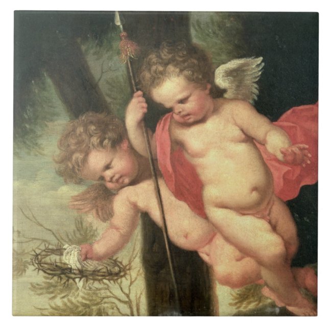 Two Flying Cherubs, holding the Crown of Thorns an Ceramic Tile (Front)