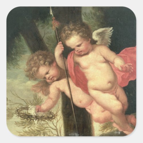 Two Flying Cherubs holding the Crown of Thorns an Square Sticker