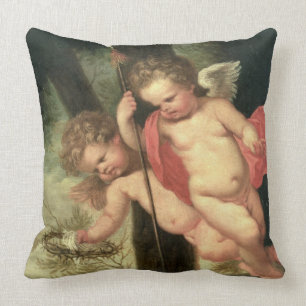 Two Flying Cherubs, holding the Crown of Thorns an Throw Pillow