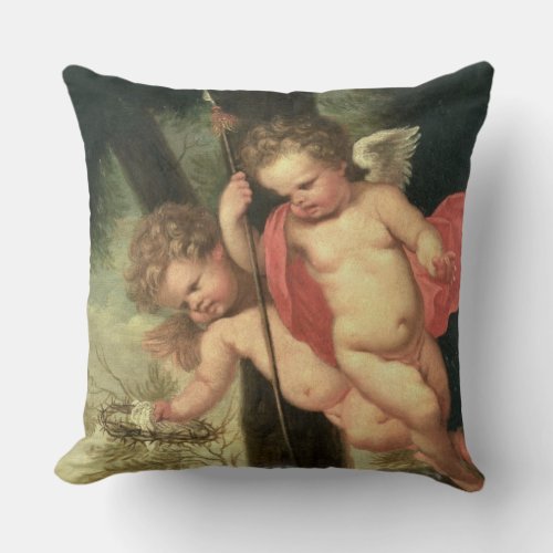 Two Flying Cherubs holding the Crown of Thorns an Throw Pillow