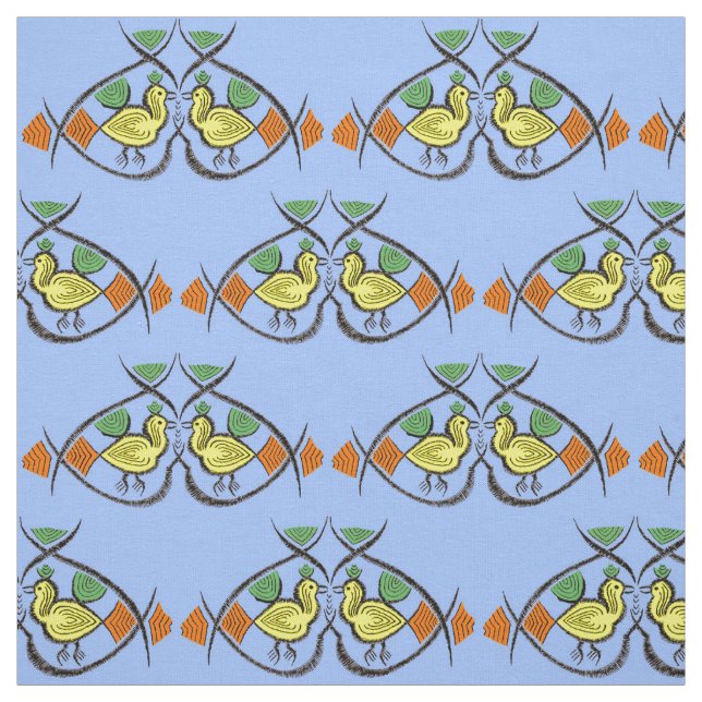 two folk art birds print fabric (Swatch)