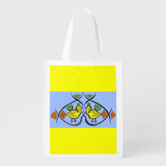 two folk art birds reusable grocery bag (Front)