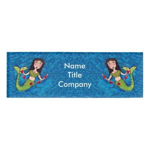 Two Folk Art Mermaids Holding string of Red Hearts Name Tag