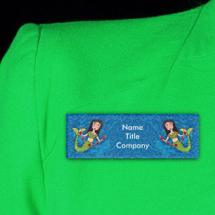 Two Folk Art Mermaids Holding string of Red Hearts Name Tag
