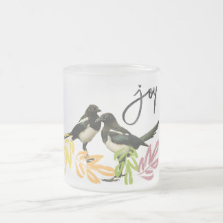 "Two for Joy" Two Magpies with floral accents Frosted Glass Coffee Mug