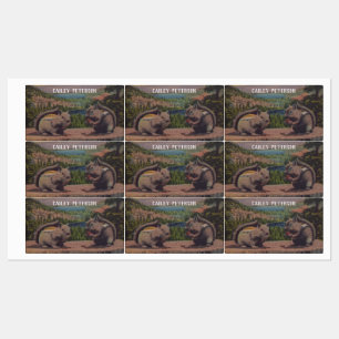 Two Forest Chipmunks With Nuts on Stump Mountains Kids' Labels