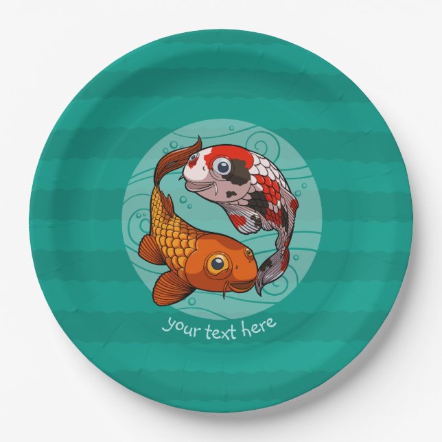 Two Friendly Koi Carp Swimming Cartoon With Text Paper Plates (Front)