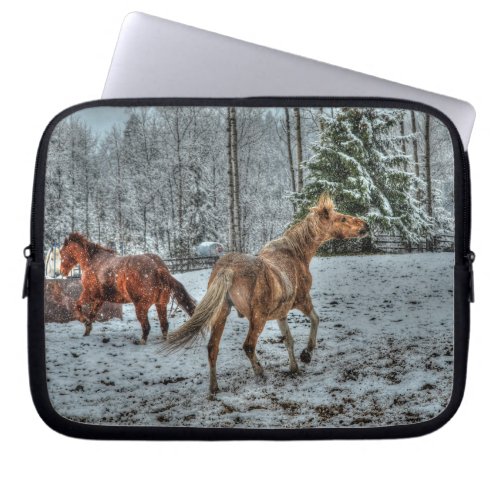 Two Friendly Ranch Horses Playing in Snow 2 Photo Laptop Sleeve
