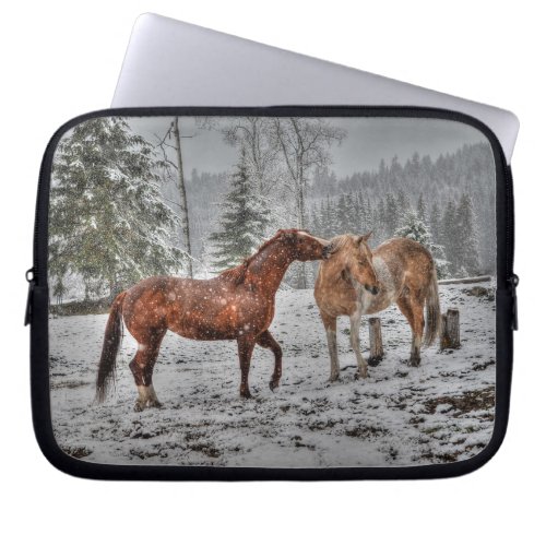 Two Friendly Ranch Horses Playing in Snow Photo Laptop Sleeve