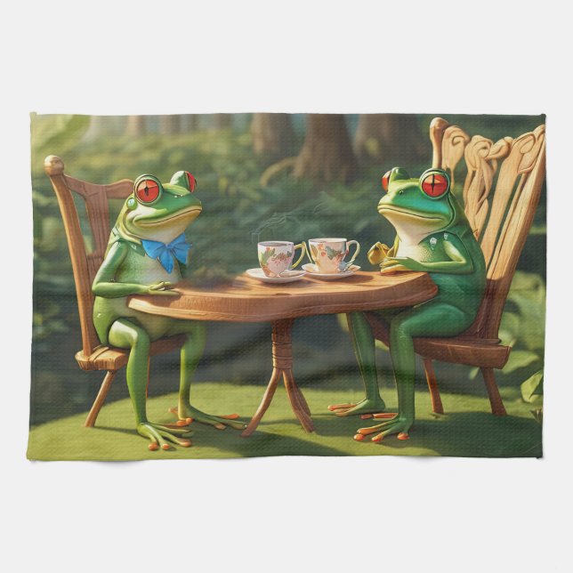 Two frogs having tea kitchen towel (Horizontal)