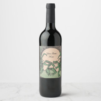 Two Fun Arguing Green Frogs on Lily Pad Full Moon Wine Label