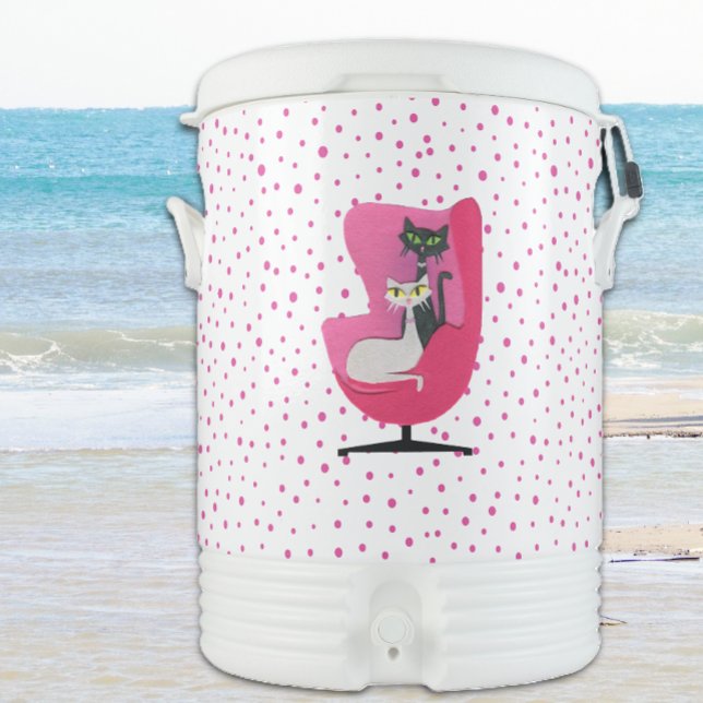 Two Fun Cats in Bright Pink Chair Polka Dots Beverage Cooler (Two cute cats sitting in bright pink 1950's style chair on white with pink polka dots igloo cooler.)