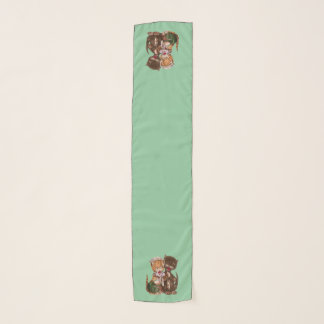 Two Fun Cats Sharing Rats from Basket Green Scarf