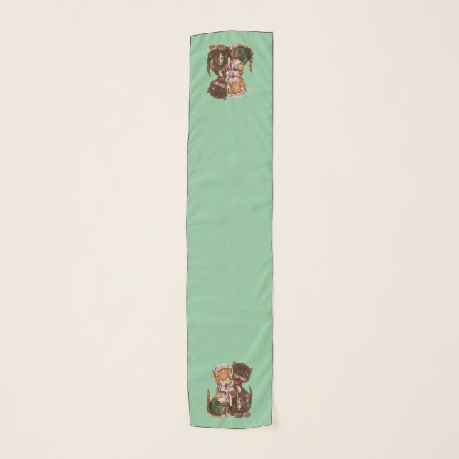Two Fun Cats Sharing Rats from Basket Green Scarf (Front)