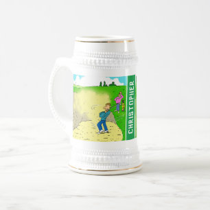 Two Fun Golf Cartoons with Name of Recipient. Beer Stein