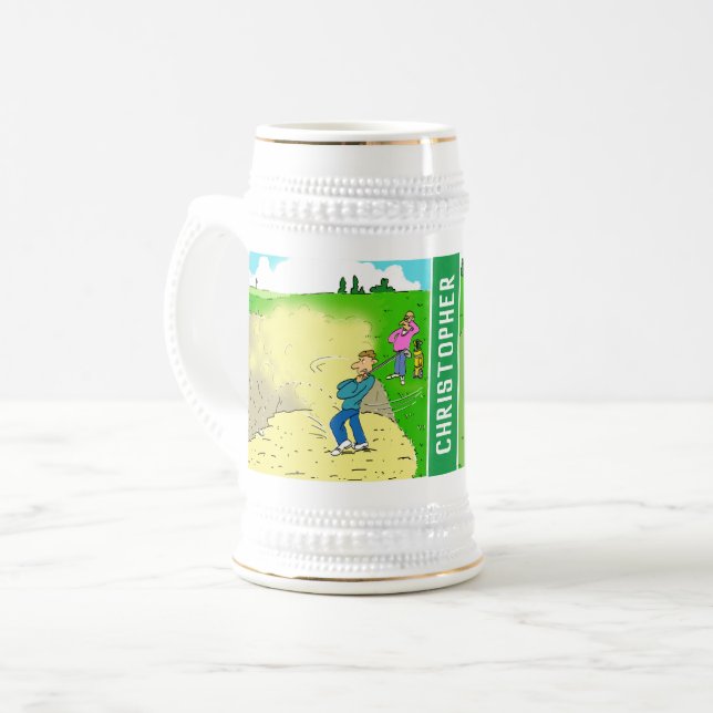 Two Fun Golf Cartoons with Name of Recipient. Beer Stein (Front Left)