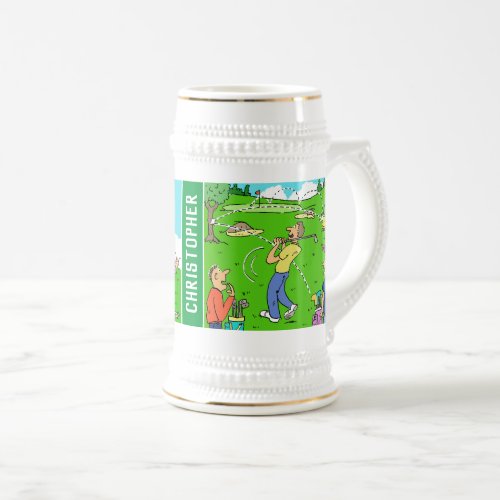 Two Fun Golf Cartoons with Owners Name Beer Stein