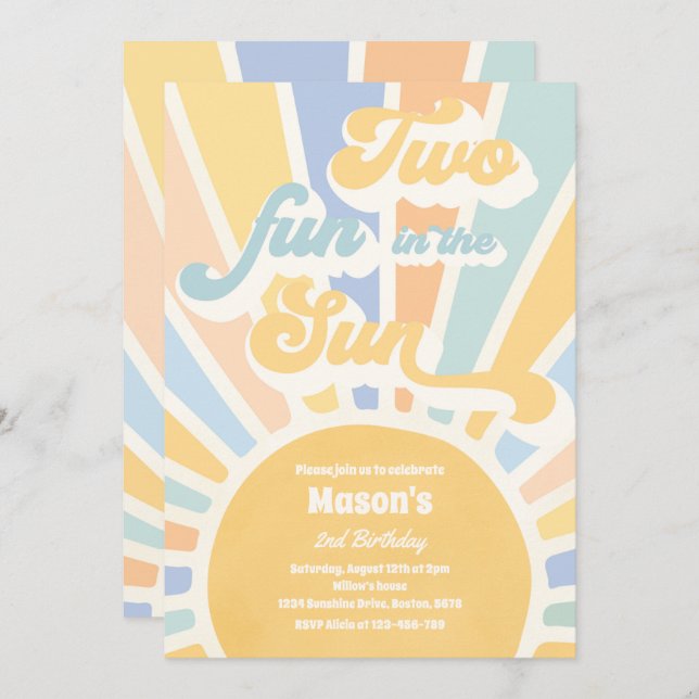 Two Fun In The Sun Sunshine 2nd Birthday Blue Rays Invitation (Front/Back)