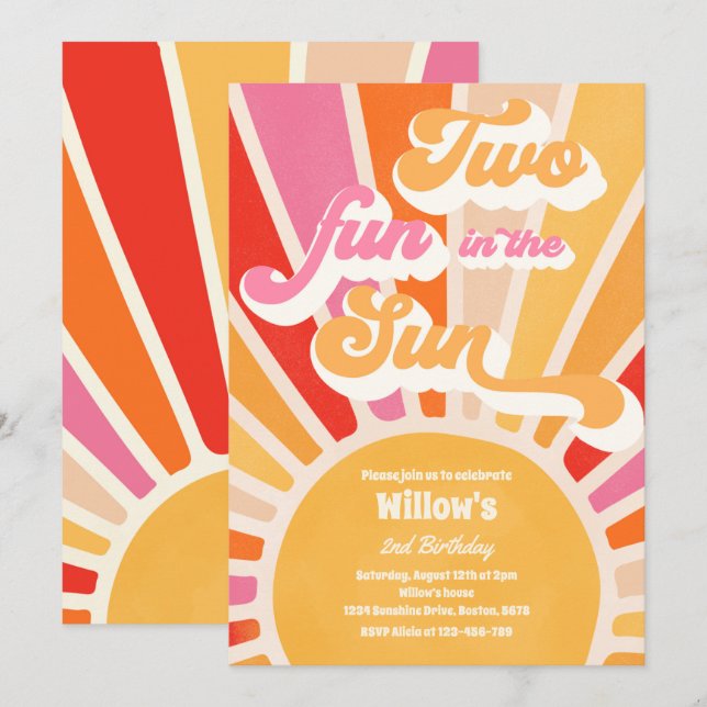 Two Fun In The Sun Sunshine 2nd Birthday Pink Rays Invitation (Front/Back)