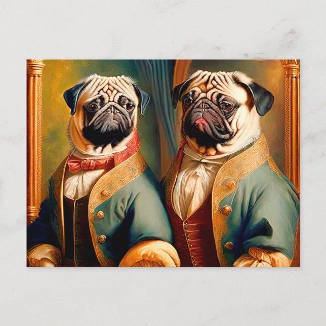 Two Funny Anthropomorphic Vintage Pug Postcard (Front)