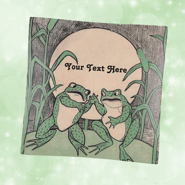 Two Funny Arguing Green Frogs on Lily Pad Moon Trinket Tray (Two cute arguing green frogs on lily pad reed plants full moon on trinket dish.)