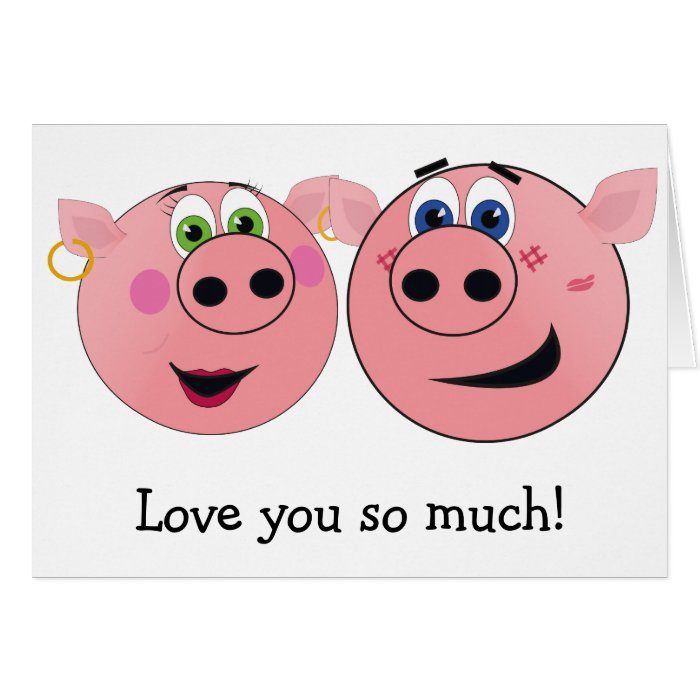 Two Funny Cartoon Pigs in Love Greeting Card