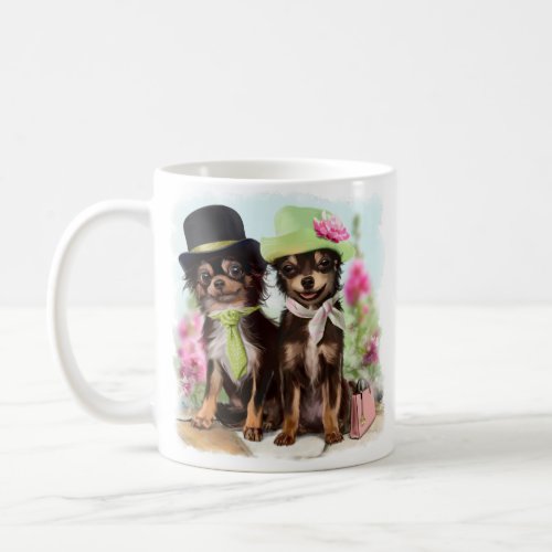 Two funny chihuahua dogs dressed smartly	 coffee mug