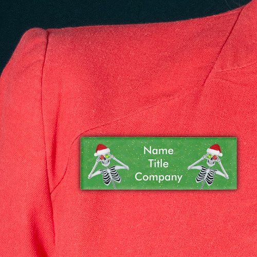 Two Funny Christmas Skeletons Ornaments Green Name Tag