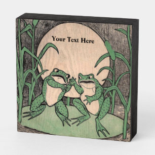 Two Funny Fighting Green Frogs Moon Lily Pad Wooden Box Sign