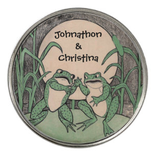 Two Funny Green Arguing Frogs Lily Pad Moon Golf Ball Marker