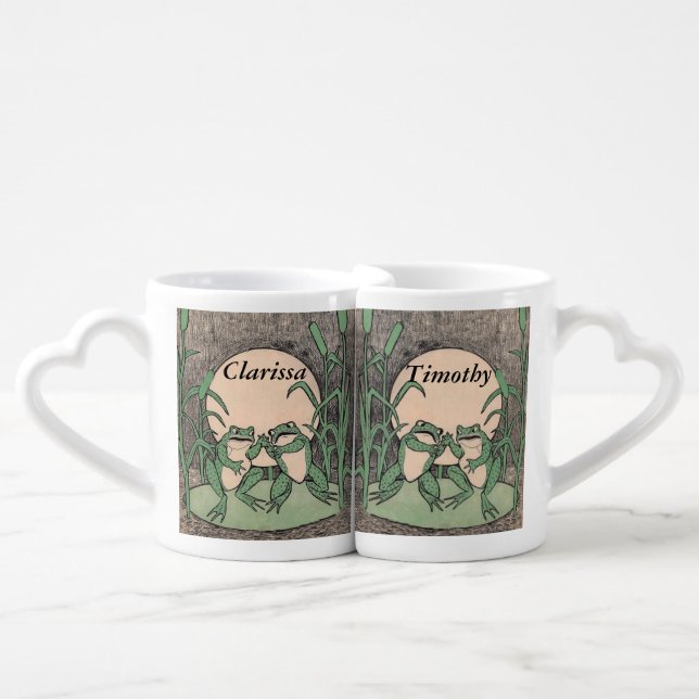 Two Funny Green Arguing Frogs Lily Pad Reeds Coffee Mug Set (Front Nesting)