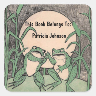 Two Funny Green Fighting Frogs Lily Pad Full Moon Square Sticker