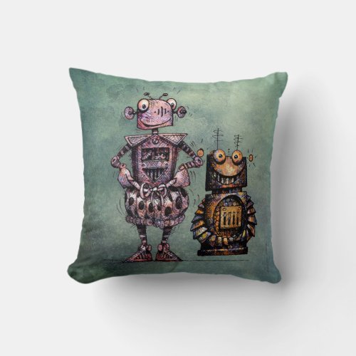 Two Funny Kid's Steampunk Robots! Throw Pillow