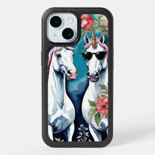Two Funny Unicorns With Pink Flowers iPhone 15 Case