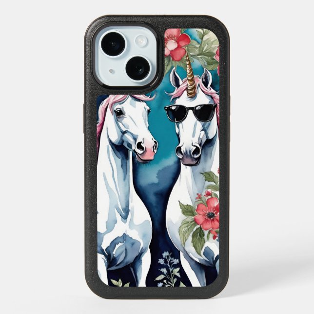 Two Funny Unicorns With Pink Flowers iPhone 15 Case (Back)